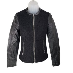 H&M sz 2 Womens Moto Jacket 2Wool Faux Leather Black‎ Full Zip Up Zip Pockets